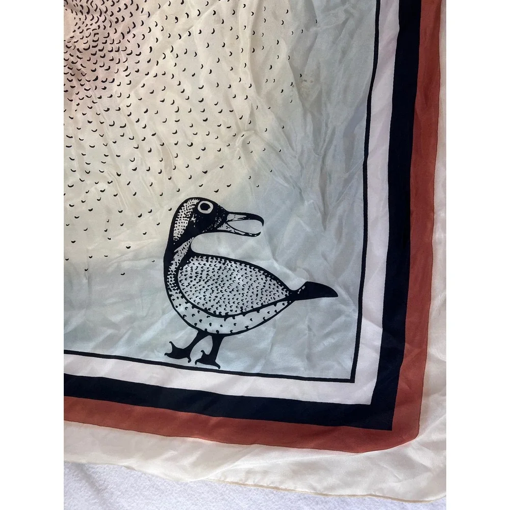 Vintage Bird Graphic Square Scarf Cream Orange Black 34.5 In. Silk Like Folk Art